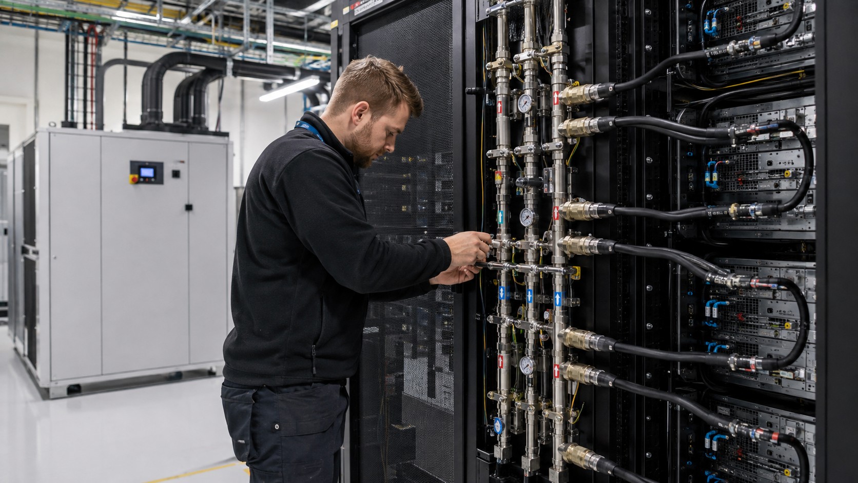 Engineer inspecting rack manifold and coolant lines in a liquid-cooled data centre