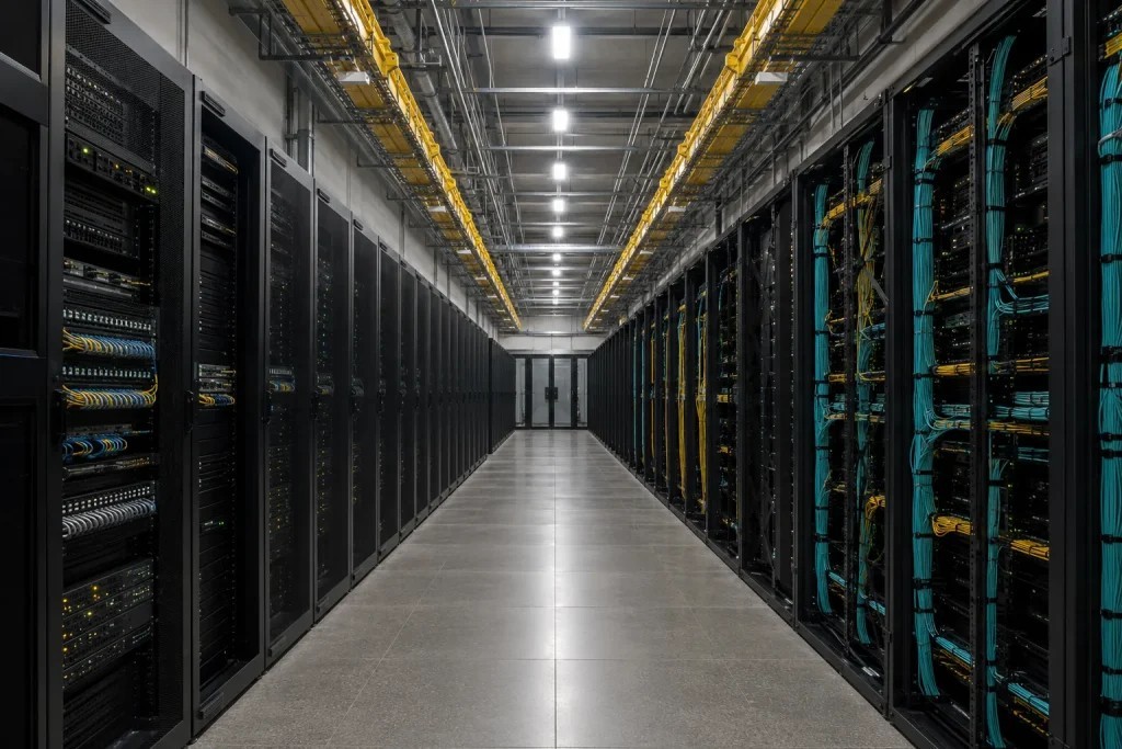 Server racks inside a prepared colocation data hall for migrated infrastructure